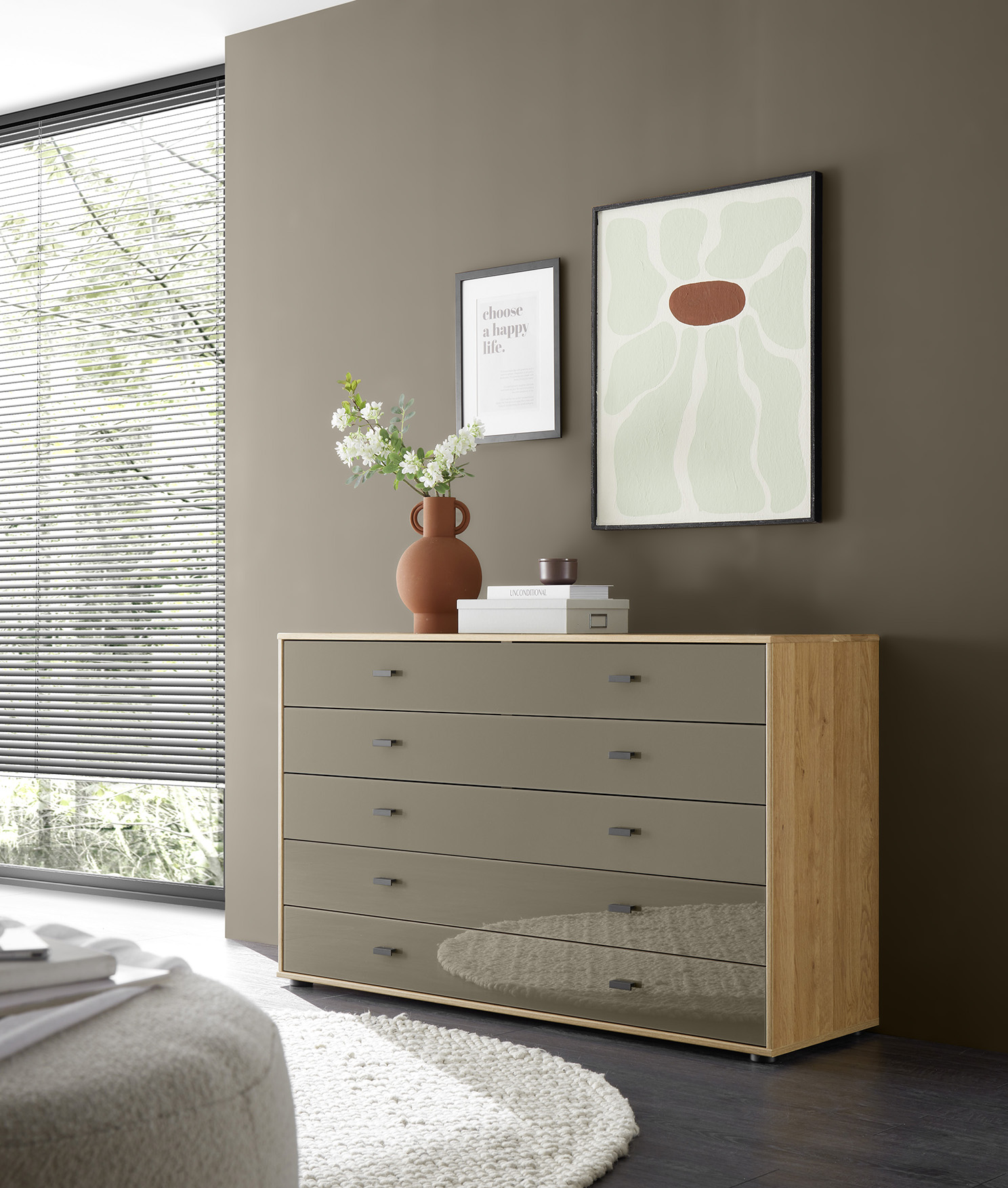 Kommode Lenoso - Eiche Nachbildung, Glas Graubraun