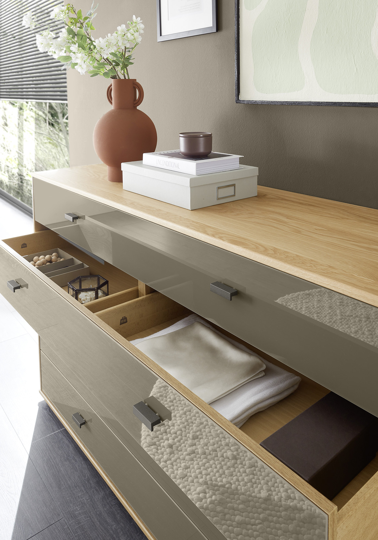 Kommode Lenoso - Eiche Nachbildung, Glas Graubraun