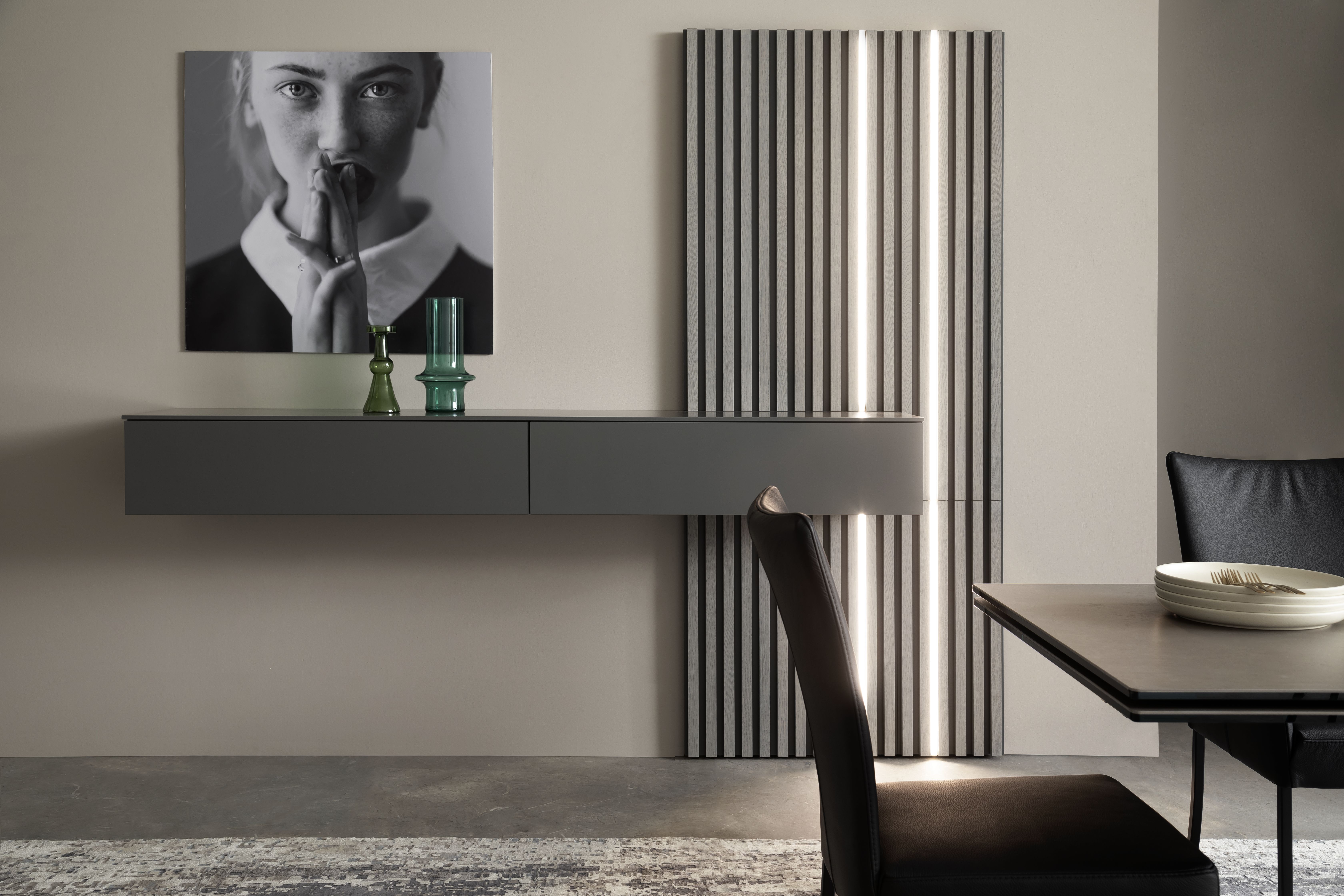 Highboard 3900 - Hängend mit Lamellen und Beleuchtung, Lack, Dunkelgrau