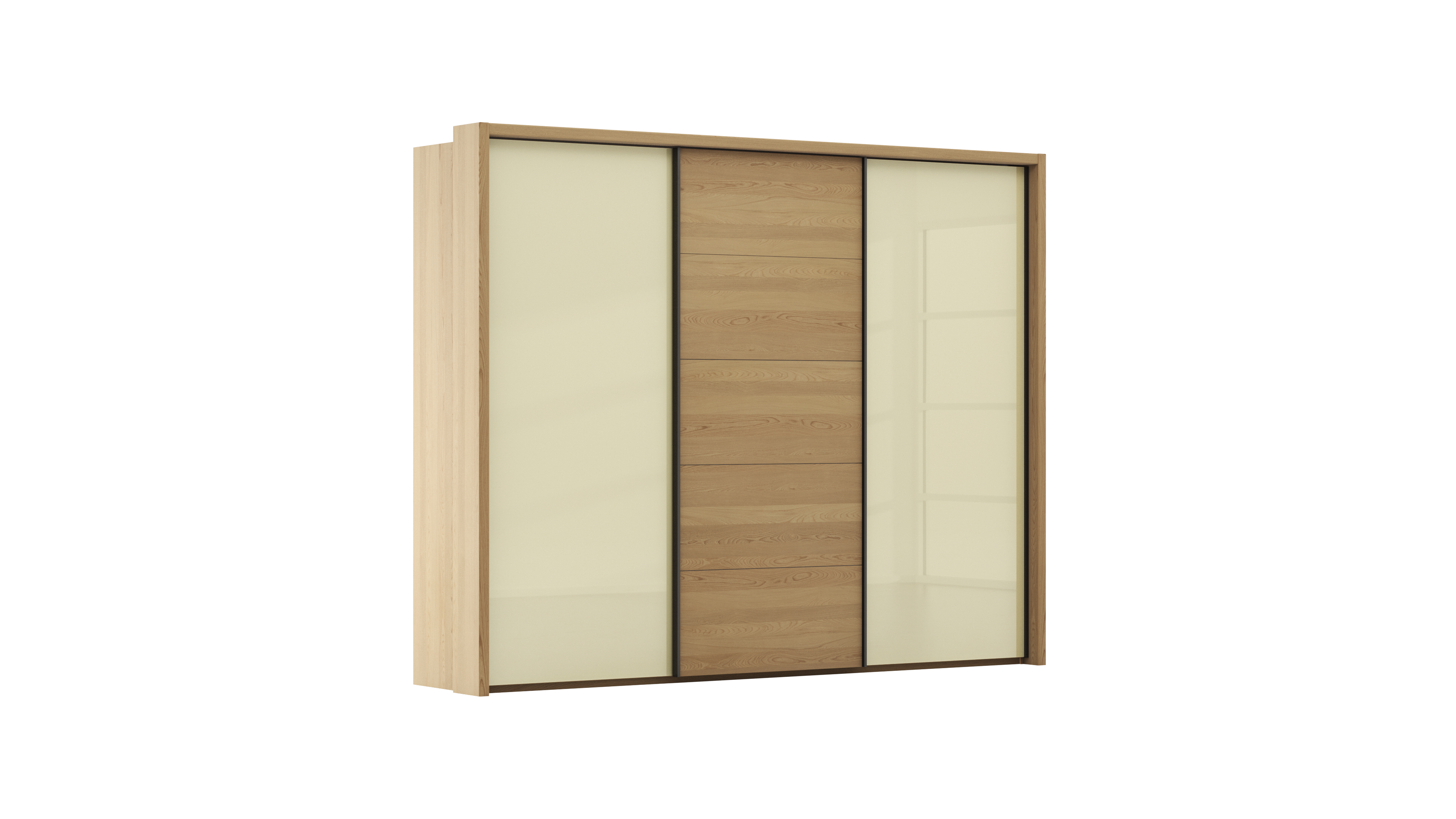 Schwebetürenschrank Lenoso - B. ca. 310 cm, Eiche massiv, Glas, Champagner 106118