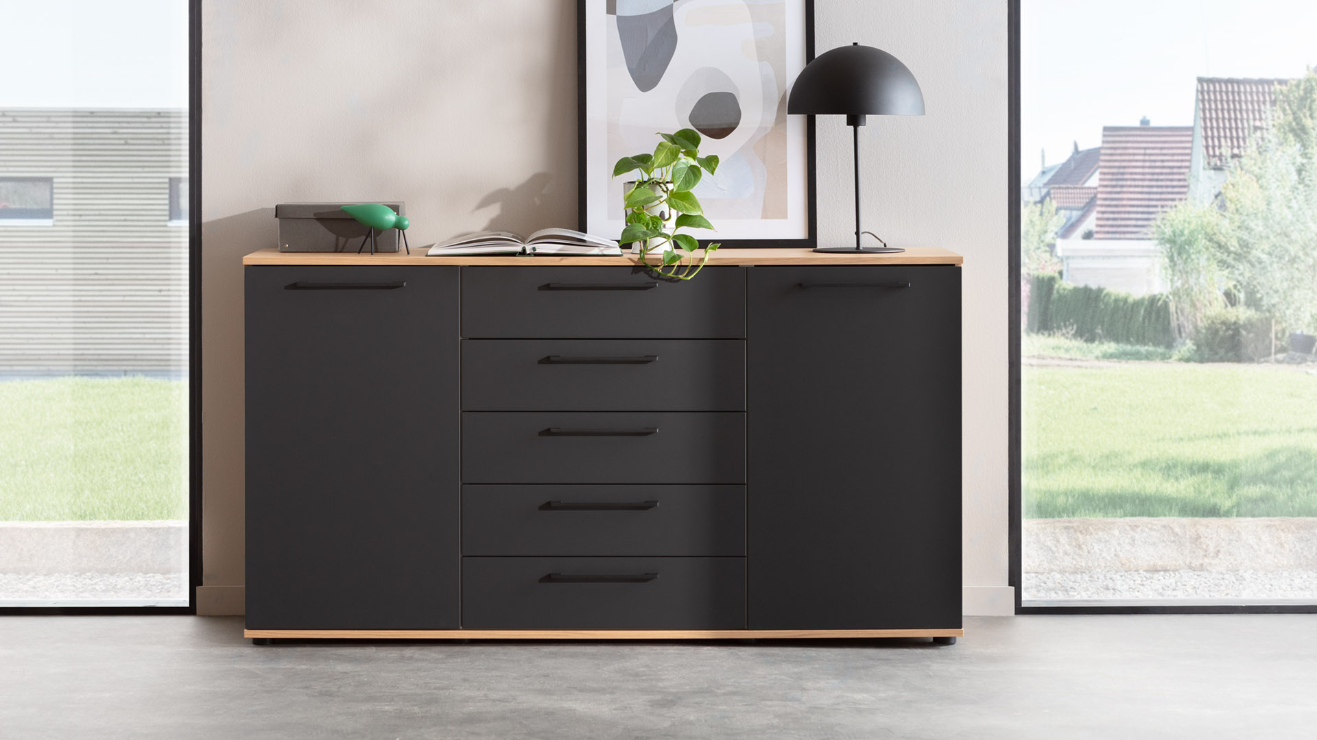Kommode Viana - Balkeneiche furniert, Anthrazit
