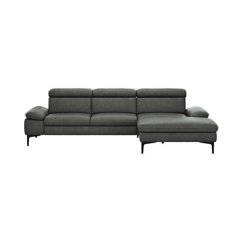 Ecksofa Felipa - 2,5-Sitzer mit Longchair rechts inkl. Kopfteil verstellbar, Leder, Grau