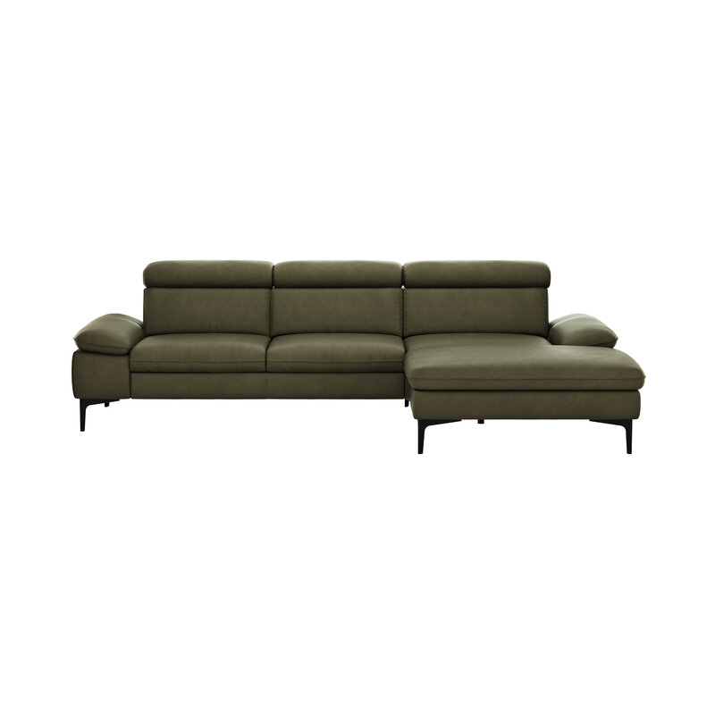 Ecksofa Felipa - 2,5-Sitzer mit Longchair rechts inkl. Kopfteil verstellbar, Leder, Olive