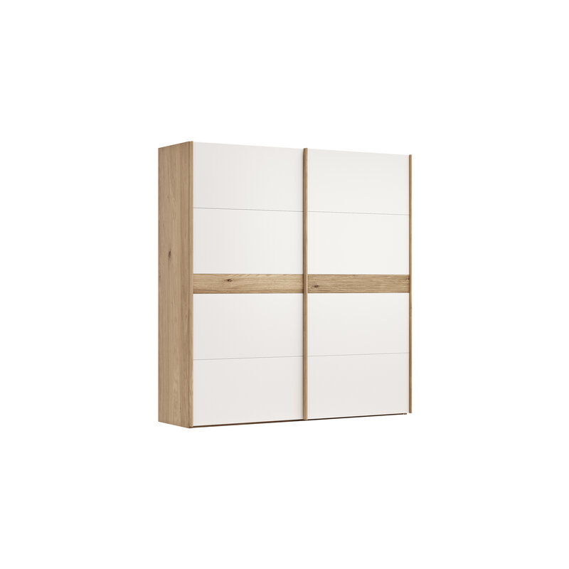 Schwebetürenschrank Viana - B ca. 212 cm, Lack, Weiß, Riffholz, Balkeneiche