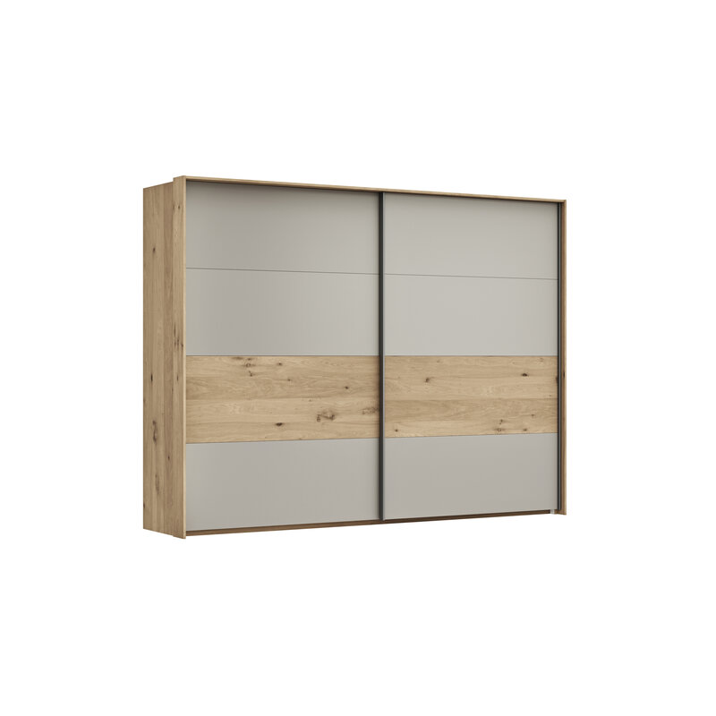 Schwebetürenschrank Viana - B ca. 278 cm, Furnier, Balkeneiche, Hellgrau