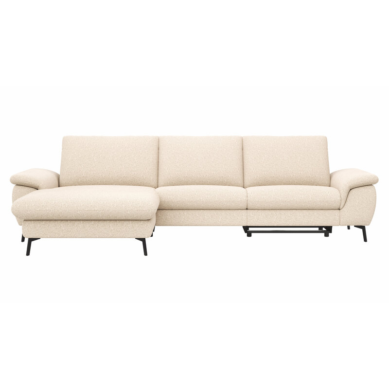 Ecksofa Gotera - Longchair groß mit 1,5-Sitzer med + 1,5-Sitzer med rechts inkl. Schlaffunktion (teilmotorisch), Armlehne klappbar, Rückenlehne verstellbar und einmal Relaxfunktion (teilmotorisch), Stoff, Creme