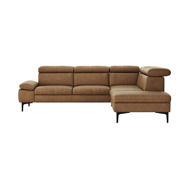 Ecksofa Felipa - 2,5-Sitzer mit Ecke rechts inkl. Kopfteil verstellbar, Leder, Cognac