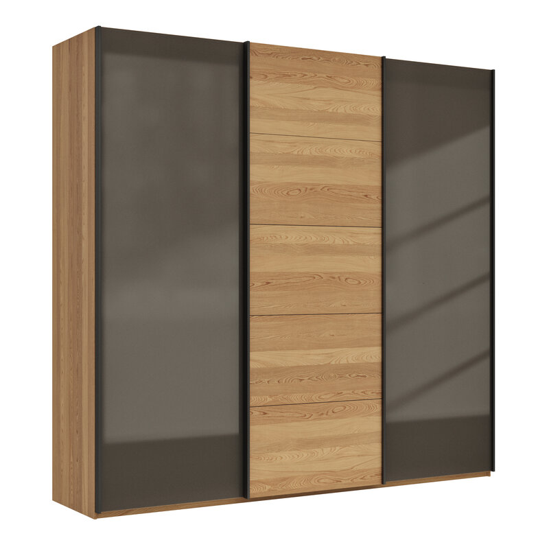 Schwebetürenschrank Lenoso - B. ca. 250 cm, Eiche massiv, Glas Dunkelbraun