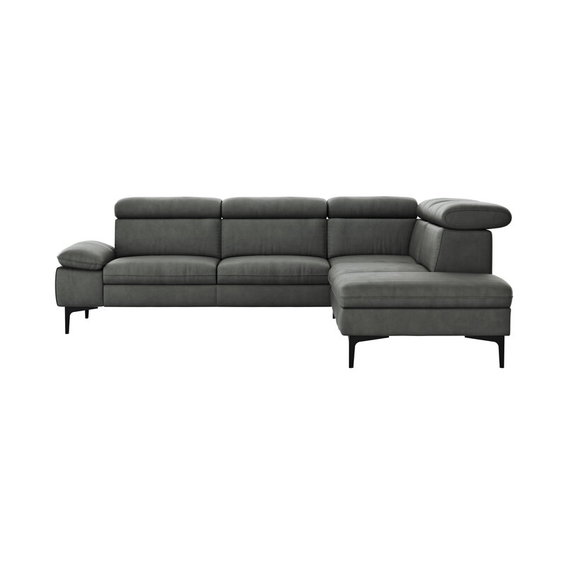 Ecksofa Felipa - 2,5-Sitzer mit Ecke rechts inkl. Kopfteil verstellbar, Leder, Grau