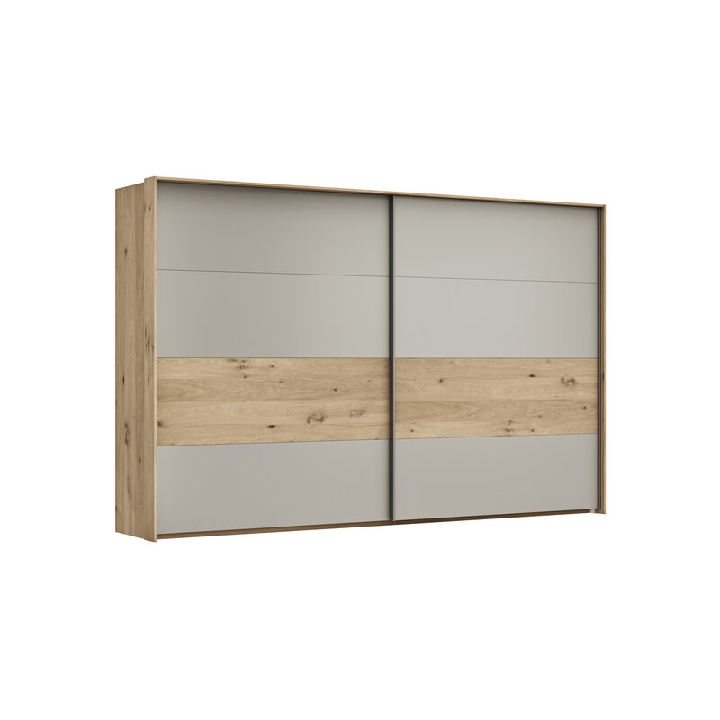 Schwebetürenschrank Viana - B ca. 338 cm, Furnier, Balkeneiche, Hellgrau