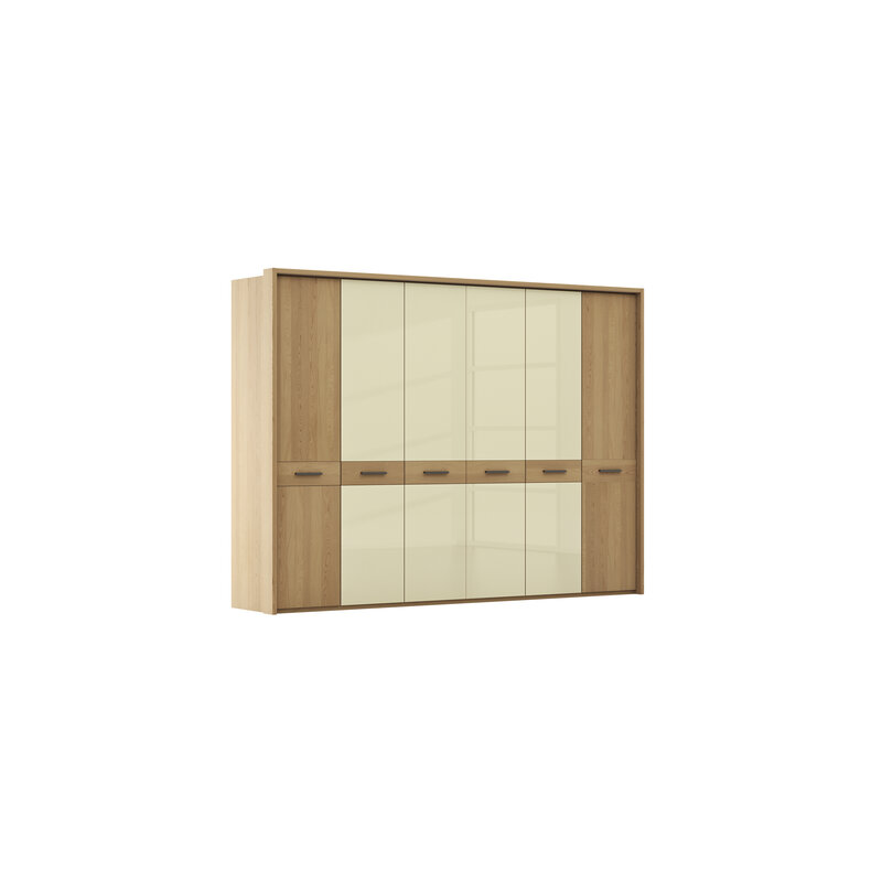 Drehtürenschrank Lenoso - B. ca. 306 cm, Eiche massiv, Glas, Champagner