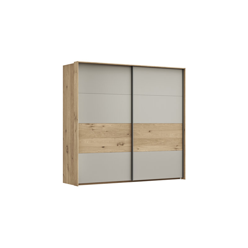 Schwebetürenschrank Viana - B ca. 218 cm, Furnier, Balkeneiche, Hellgrau