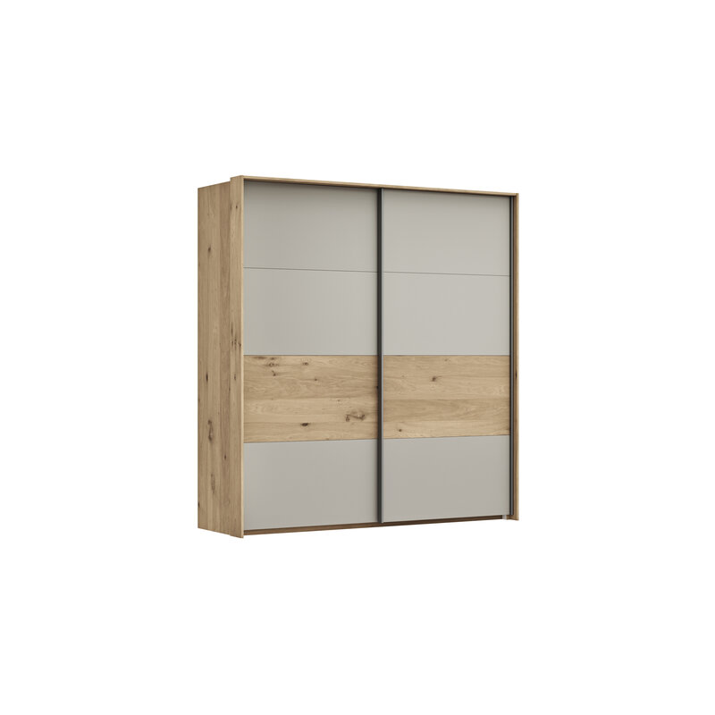 Schwebetürenschrank Viana - B ca. 188 cm, Furnier, Balkeneiche, Hellgrau