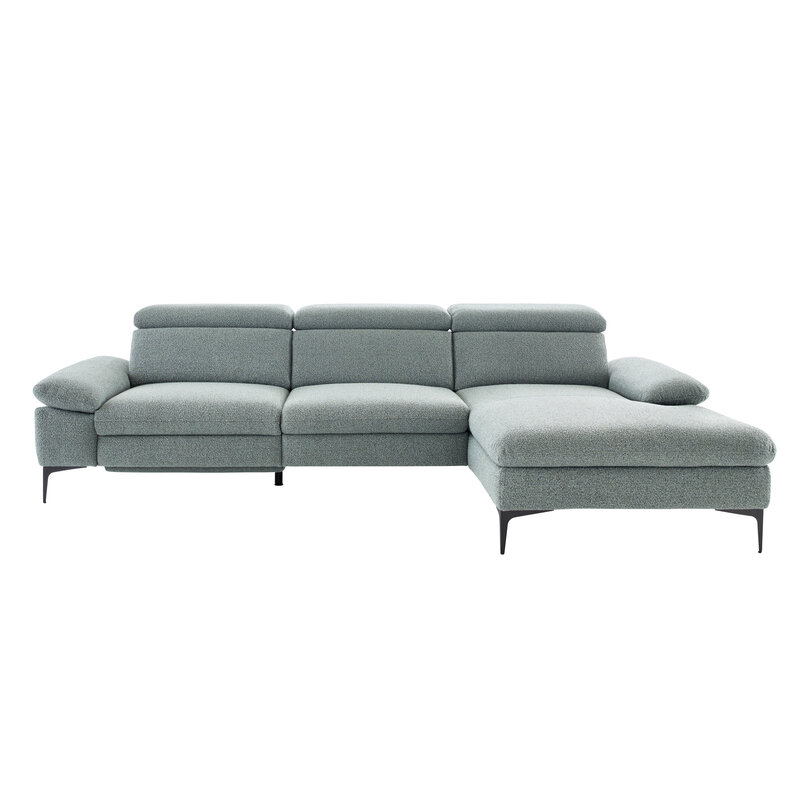 Ecksofa Felipa - 3-Sitzer mit Longchair rechts inkl. Relaxfunktion (motorisch), Armlehne und Kopfteil verstellbar, Stoff, Graugrün