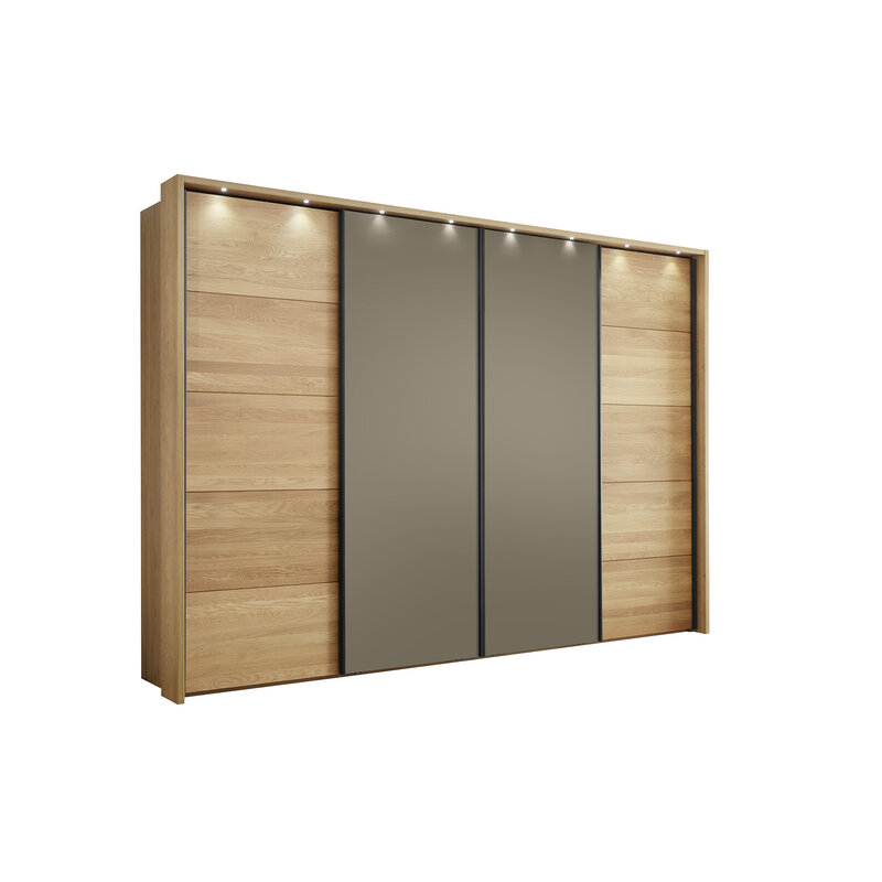 Schwebetürenschrank Lenoso - B. ca. 340 cm, Eiche massiv, Glas, Graubraun