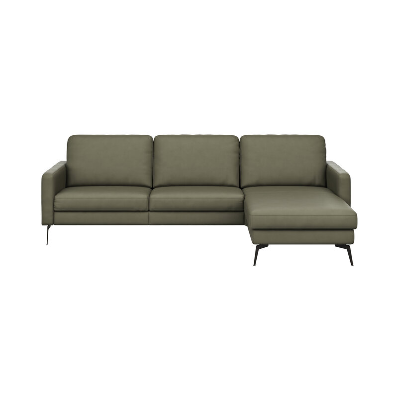 Ecksofa Enna - 3-Sitzer mit Longchair rechts, Armlehne A, Leder, Olive