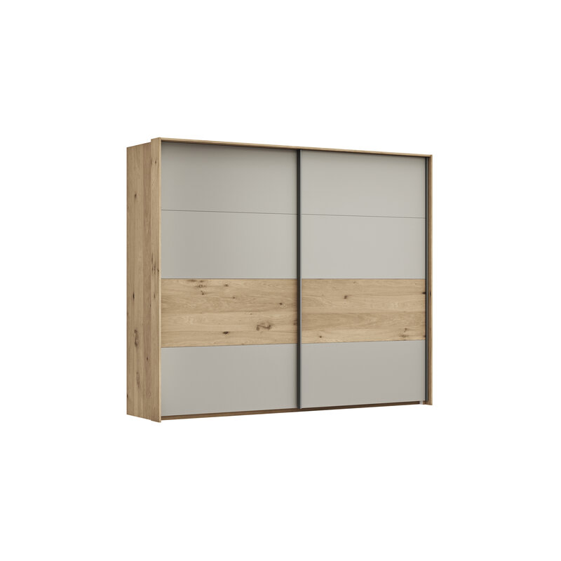 Schwebetürenschrank Viana - B ca. 248 cm, Furnier, Balkeneiche, Hellgrau