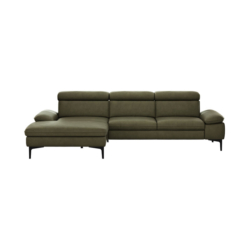 Ecksofa Felipa - Longchair links mit 2,5-Sitzer inkl. Kopfteil verstellbar, Leder, Olive