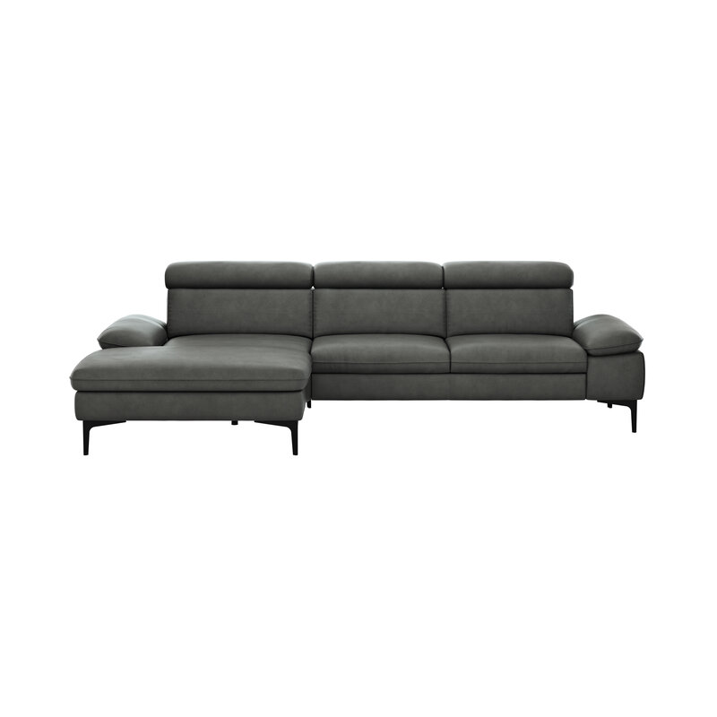 Ecksofa Felipa - Longchair links mit 2,5-Sitzer inkl. Kopfteil verstellbar, Leder, Grau