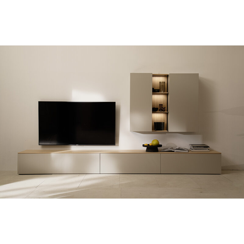 Wohnwand Venzone - B ca. 360 cm, Lack, Hellgrau, Eiche furniert
