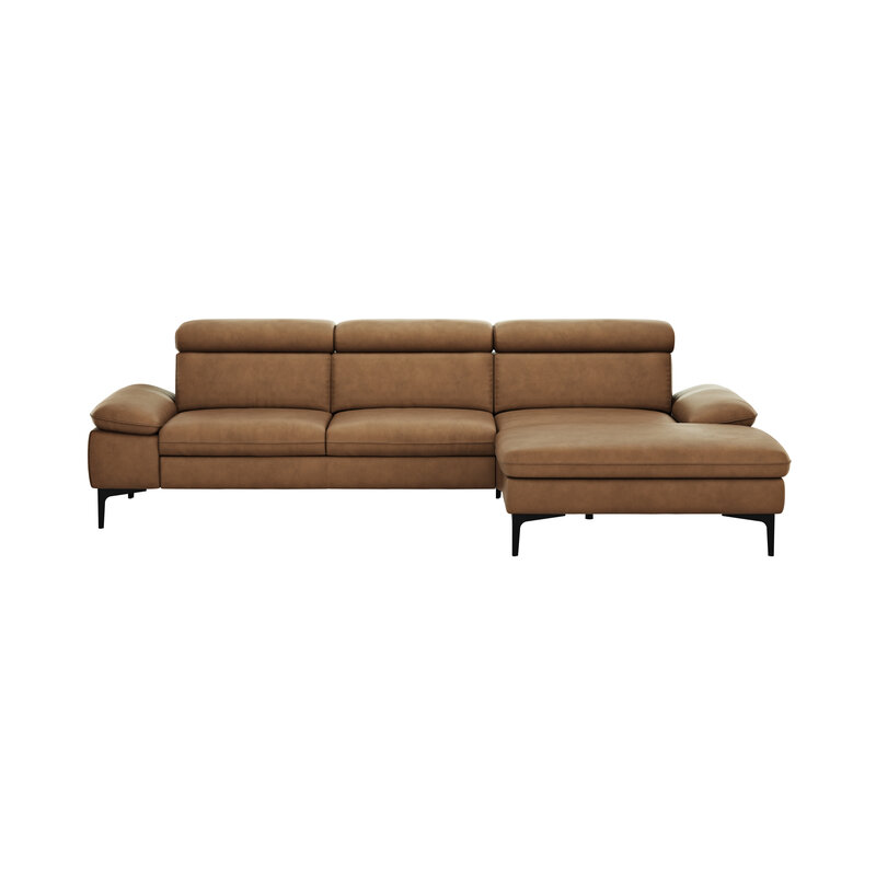 Ecksofa Felipa - 2,5-Sitzer mit Longchair rechts inkl. Kopfteil verstellbar, Leder, Cognac