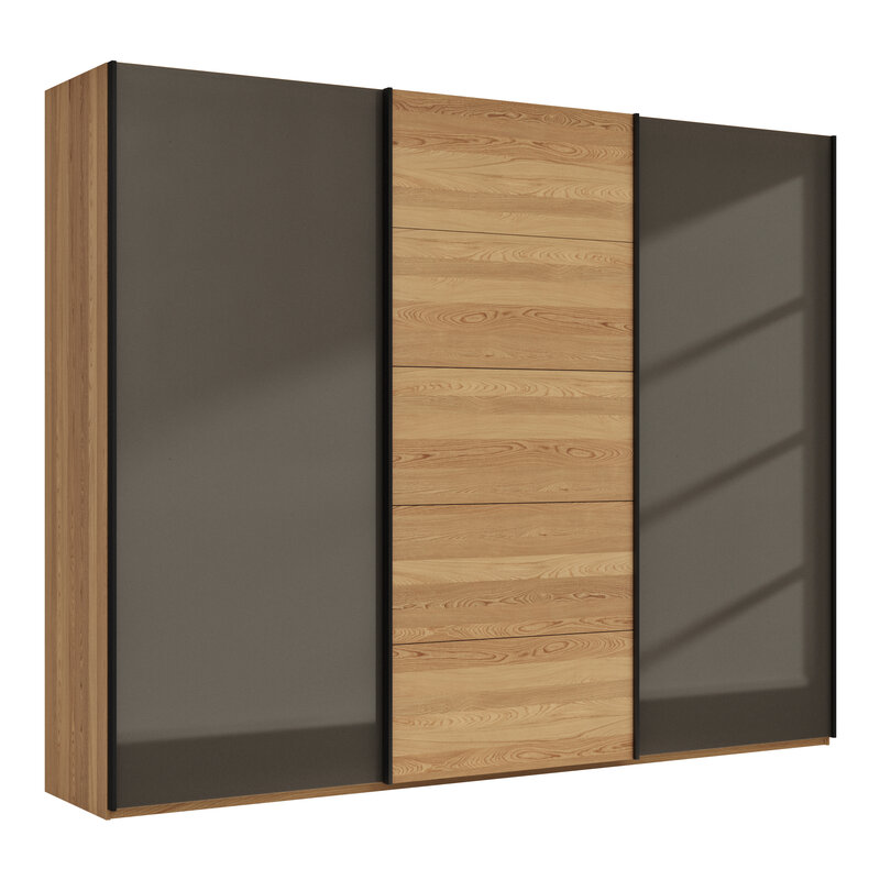 Schwebetürenschrank Lenoso - B. ca. 300 cm, Eiche massiv, Glas Dunkelbraun