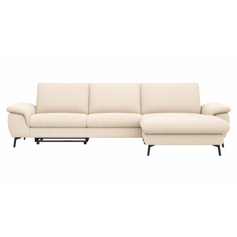 Ecksofa Gotera - 1,5-Sitzer med + 1,5-Sitzer med mit Longchair groß rechts inkl. Schlaffunktion (teilmotorisch), Armlehne klappbar, Rückenlehne verstellbar und einmal Relaxfunktion (teilmotorisch), Stoff, Creme