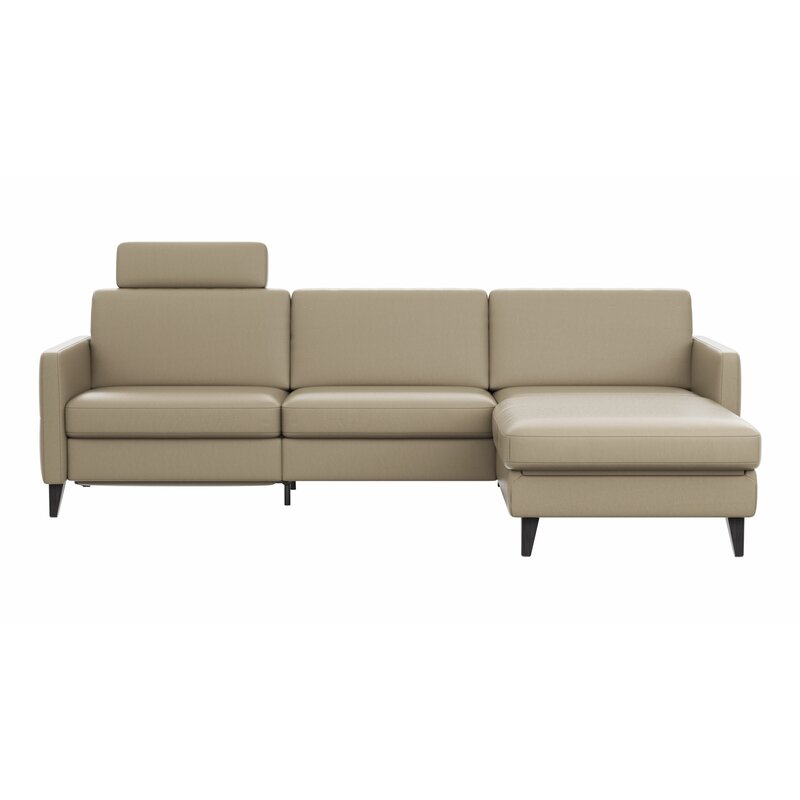 Ecksofa Arima N - 2,5-Sitzer mit Longchair rechts inkl. Relaxfunktion und Kopfstütze motorisch, Leder, Champagner