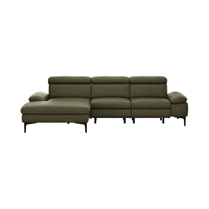 Ecksofa Felipa - Longchair links mit 2,5-Sitzer inkl. Armlehne verstellbar und Rückenlehne/Sitztiefe verstellbar (motorisch), Leder, Olive