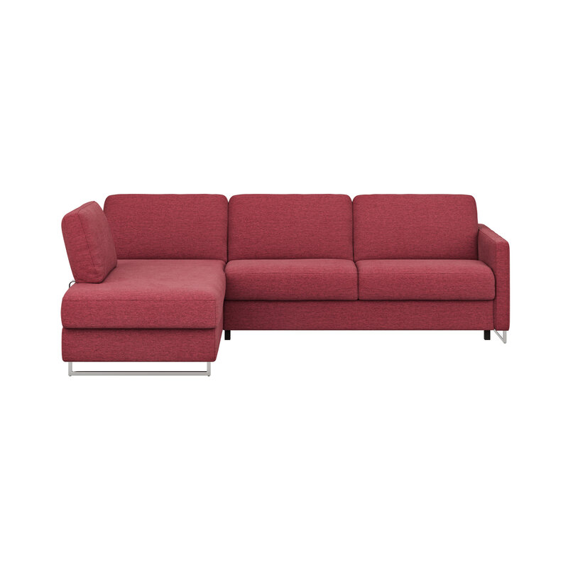 Ecksofa Nuoro - Longchair links mit 2-Sitzer inkl. Schlaffunktion und Bettkasten, Stoff, Rubin