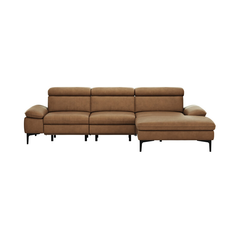 Ecksofa Felipa - 2,5-Sitzer mit Longchair rechts inkl. Armlehne verstellbar und Rückenlehne/Sitztiefe verstellbar (motorisch), Leder, Cognac