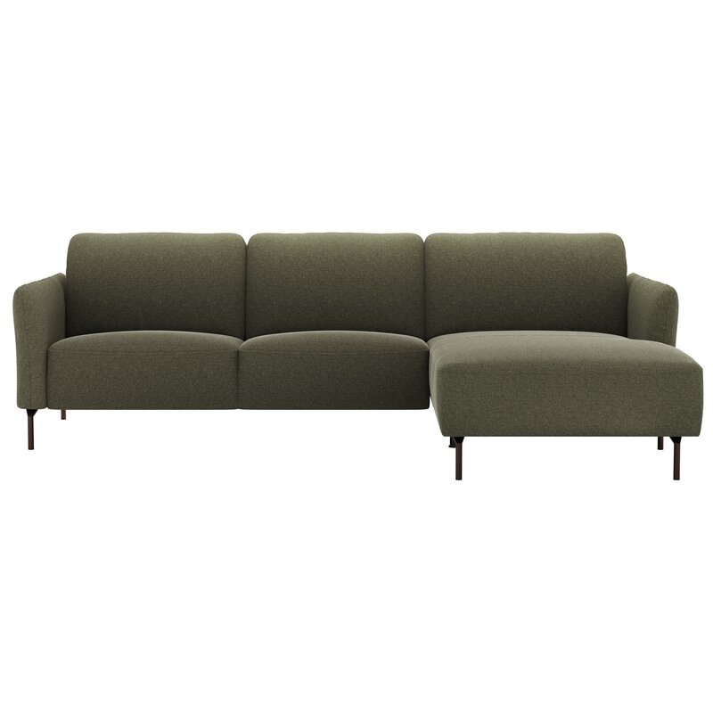 Ecksofa Leona - 3-Sitzer mit Longchair rechts inkl. Sitzvorzug motorisch, Stoff, Braungrün