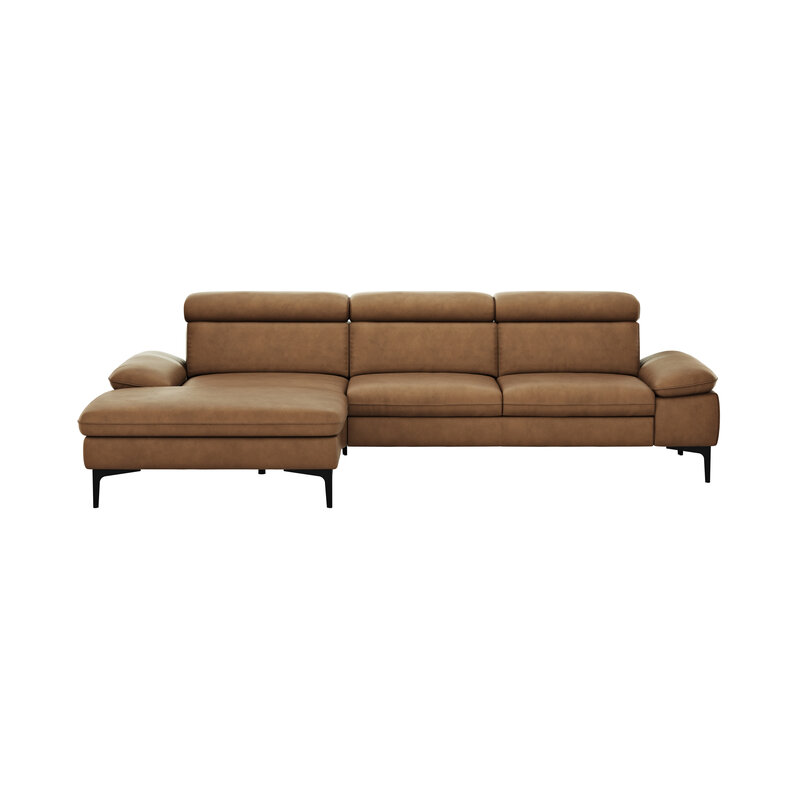 Ecksofa Felipa - Longchair links mit 2,5-Sitzer inkl. Kopfteil verstellbar, Leder, Cognac