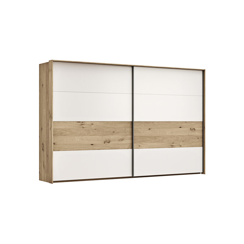 Schwebetürenschrank Viana - B ca. 338 cm, Furnier, Balkeneiche, Weiß