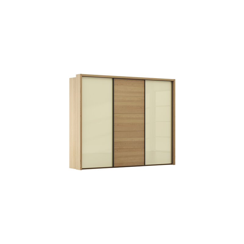 Schwebetürenschrank Lenoso - B. ca. 310 cm, Eiche massiv, Glas, Champagner