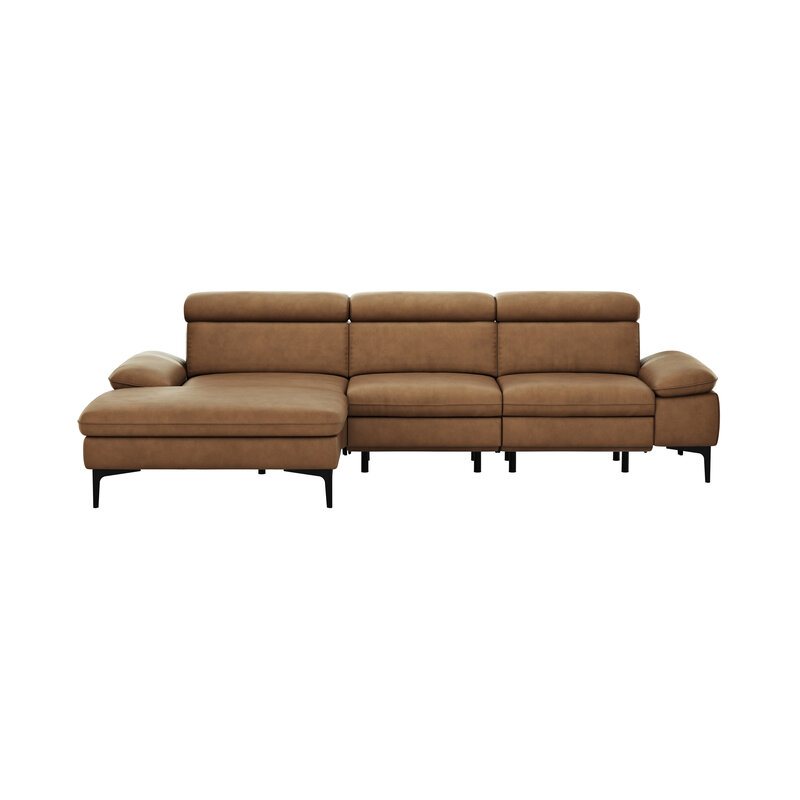 Ecksofa Felipa - Longchair links mit 2,5-Sitzer inkl. Armlehne verstellbar und Rückenlehne/Sitztiefe verstellbar (motorisch), Leder, Cognac