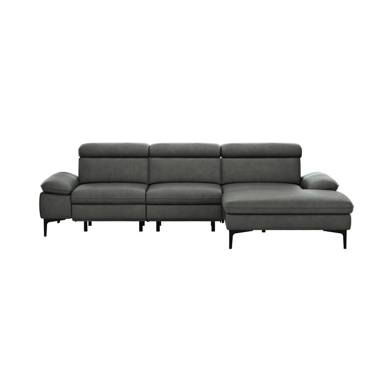 Ecksofa Felipa - 2,5-Sitzer mit Longchair rechts inkl. Armlehne verstellbar und Rückenlehne/Sitztiefe verstellbar (motorisch), Leder, Grau