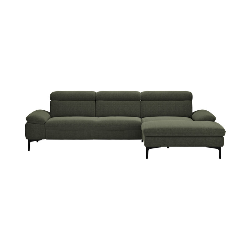 Ecksofa Felipa - 2,5-Sitzer mit Longchair rechts inkl. Kopfteil verstellbar, Stoff, Dunkelgrün