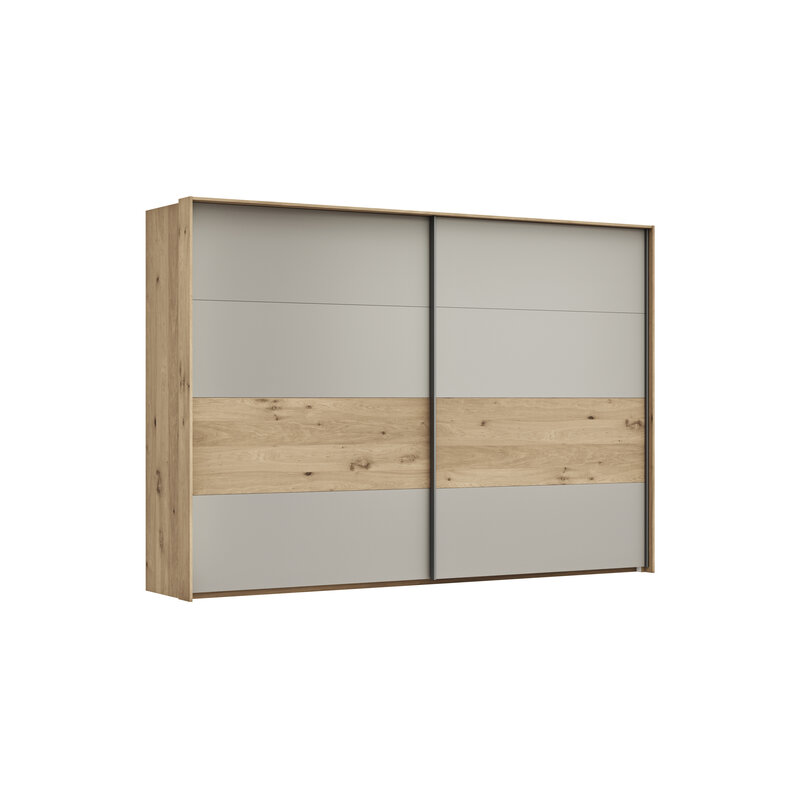 Schwebetürenschrank Viana - B ca. 308 cm, Furnier, Balkeneiche, Hellgrau