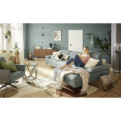 Ecksofa Felipa - 3-Sitzer mit Longchair rechts inkl. Relaxfunktion (motorisch), Armlehne und Kopfteil verstellbar, Stoff, Graugrün