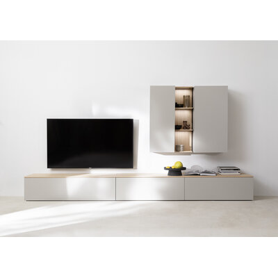 Wohnwand Venzone - B ca. 360 cm, Lack, Hellgrau, Eiche furniert