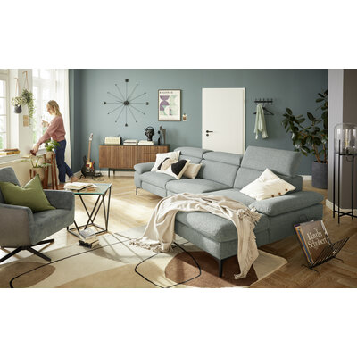 Ecksofa Felipa - 3-Sitzer mit Longchair rechts inkl. Relaxfunktion (motorisch), Armlehne und Kopfteil verstellbar, Stoff, Graugrün