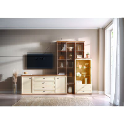Wohnwand Monda - inkl. Beleuchtung, Lack Hellbeige, Eiche furniert