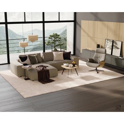 Relaxsessel Avina - Drehbar inkl. Rücken und Kopfteilverstellung, Leder, Taupe, Holzschale Eiche unbehandelt