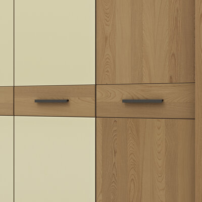 Drehtürenschrank Lenoso - B. ca. 256 cm, Eiche massiv, Glas, Champagner