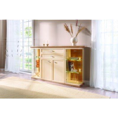 Highboard Monda - inkl. Beleuchtung, Lack hellbeige, Eiche furniert