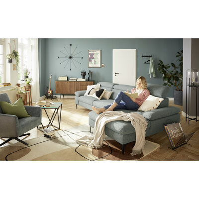 Ecksofa Felipa - 3-Sitzer mit Longchair rechts inkl. Relaxfunktion (motorisch), Armlehne und Kopfteil verstellbar, Stoff, Graugrün