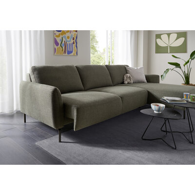 Ecksofa Leona - 3-Sitzer mit Longchair rechts inkl. Sitzvorzug motorisch, Stoff, Braungrün