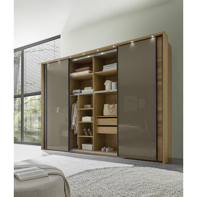 Schwebetürenschrank Lenoso - B. ca. 340 cm, Eiche massiv, Glas, Graubraun