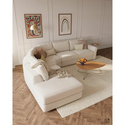 Ecksofa Almeria - Rundecke und Abschlussteil mit 2-Sitzer rechts, Stoff, Offwhite